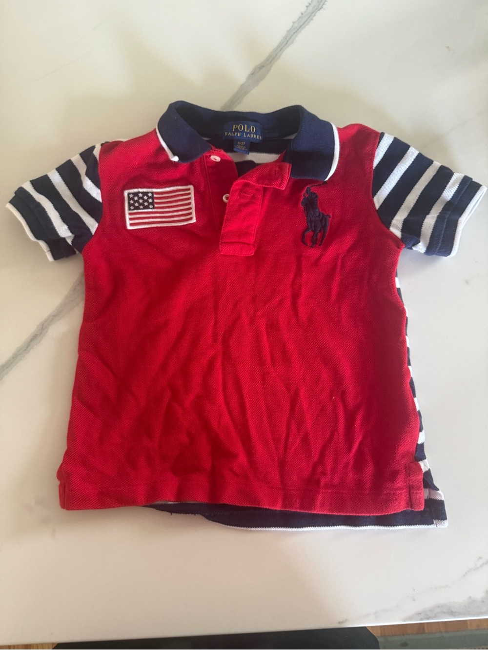 Polo by Ralph Lauren Red Polo with Navy & White Striped Sleeves